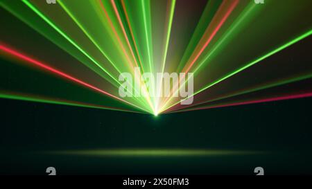 Spectacle de lumière laser. Faisceaux laser LED lumineux, soirée dj. Scène lumineuse verte, lumières stroboscopiques LED rouges. Arrière-plan, toile de fond pour l'affichage des produits Illustration de Vecteur