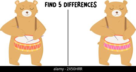 Trouver 5 différences jeu d'enfants. Porter avec dessin de tambour. Illustration de Vecteur
