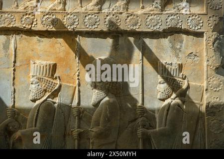 Marvdsaht, Iran - 18 mars 2024 : reliefs sur les ruines de Persépolis près de la ville de Shiraz dans la province de Fars, Iran. Banque D'Images