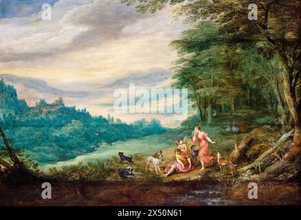 Joos de Momper le jeune, Jan Brueghel le jeune, Vénus pleurant Adonis dans Un paysage boisé panoramique, peinture à l'huile sur panneau, 1625-1629 Banque D'Images