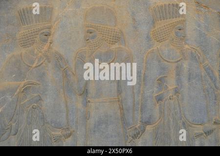 Marvdsaht, Iran - 18 mars 2024 : reliefs sur les ruines de Persépolis près de la ville de Shiraz dans la province de Fars, Iran. Banque D'Images