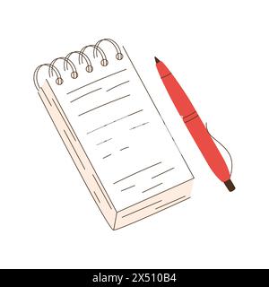 Un stylo rouge et un carnet à reliure spirale. Papeterie de bureau. Illustration vectorielle plate isolée sur fond blanc. Illustration de Vecteur
