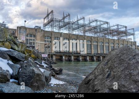 Le barrage de Conowingo est un témoignage impressionnant de l'ingénierie humaine et de l'ingéniosité le long de la puissante rivière Susquehanna dans le nord, Maryland, États-Unis. Banque D'Images