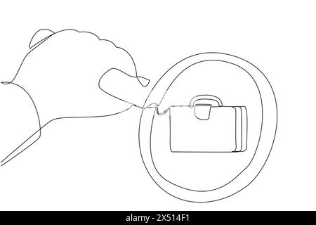 Une seule ligne continue dessinant une grande main tenant une loupe met en valeur la mallette. Comme un détective, vérifier la mallette pour que la qualité soit Illustration de Vecteur