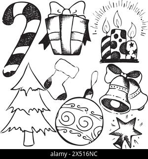 Ensemble d'objets de Noël. Illustration vectorielle dessinée à la main. Collection Noël. Illustration de Vecteur