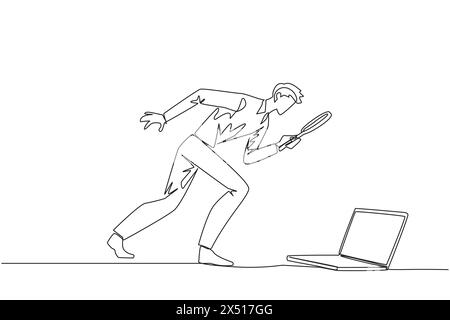 Simple homme d'affaires dessinant une ligne tenant une loupe regardant l'ordinateur portable. Confus un programmeur face aux bugs dans l'application il m Illustration de Vecteur