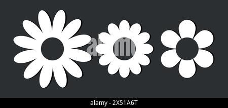 Fleurs de camomille serties dans des couleurs monochromes. Icônes de fleur de camomille sur fond noir. Camomille ou Marguerite avec des pétales blancs. Tête de fleur de plante si Illustration de Vecteur