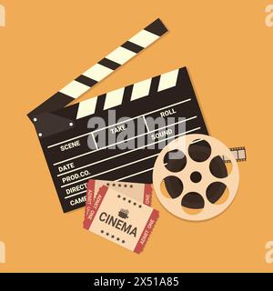 Modèle d'affiche de film. Fond de cinéma rétro avec un panneau de clapper ouvert, bobine de film et billets de cinéma. Illustration vectorielle dans un style plat Illustration de Vecteur