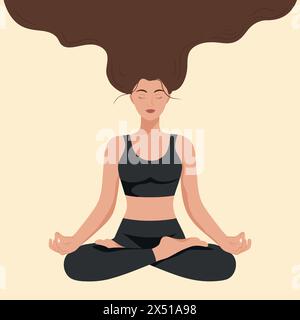 Belle fille avec de longs cheveux flottants assis dans la pose de yoga. Méditation et yoga. Journée internationale du yoga. Femme faisant du yoga. Illustration vectorielle Illustration de Vecteur