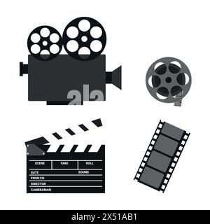 Icônes Cinéma. Caméra vidéo, bobine de film, claquette et bande de film isolés sur fond blanc. Illustration vectorielle dans un style plat Illustration de Vecteur