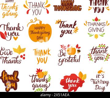 Lettrage du jour de Thanksgiving. Merci donnant, merci phrases manuscrites. Phrase de gratitude, citrouilles et silhouettes de feuilles, ensemble vecteur néotérique Illustration de Vecteur