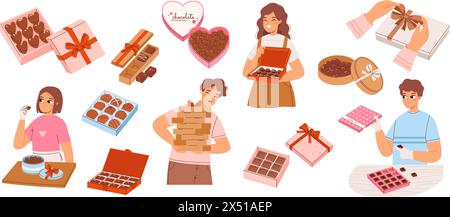Les gens collectionnent des cadeaux sucrés. Bonbons au chocolat faits à la main, garçon avec des boîtes de cadeaux de bonbons de choco. Happy Girl tient la boîte-cadeau, savoureux desserts serrés ensemble de vecteur Illustration de Vecteur