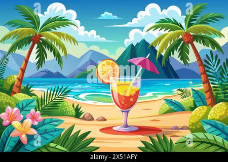 Cocktail tropical rafraîchissant sur fond d'océan tropical. Boisson vibrante dans un cadre naturel. Concept de boissons d'été, boissons rafraîchissantes, exot Illustration de Vecteur