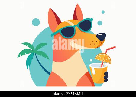 Chien souriant dans des lunettes de soleil avec cocktail tropical. Chiot avec boisson gazeuse aux fruits. Concept de plaisir d'été, loisirs, vibrations de vacances. Isolé sur dos blanc Illustration de Vecteur