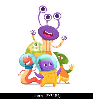 Drôles de monstres dessins animés aliens et créatures debout dans le groupe. illustration vectorielle Illustration de Vecteur