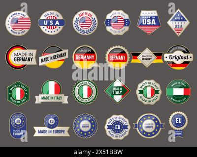 Fabriqué en. Symboles de fabrication de qualité de pays fabriqués en allemagne italie usa ou europe collection récente de badges vectoriels Illustration de Vecteur