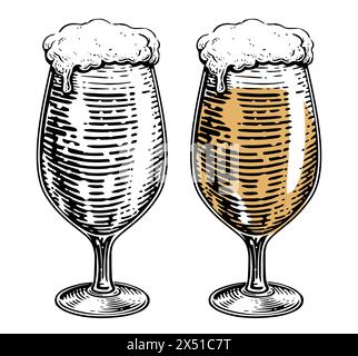 Verre de bière avec de la mousse débordante. Bière artisanale, boisson alcoolisée. Dessin clipart pour bar ou restaurant Illustration de Vecteur