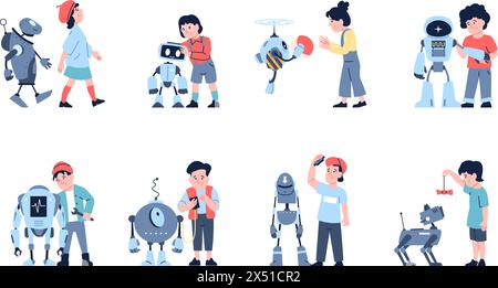 Enfants et robots. Interaction des enfants avec le robot, jouer à la balle, réparer et programmer les androïdes ou les cyborgs. Robotique pour les tout-petits ensemble de vecteurs récents Illustration de Vecteur