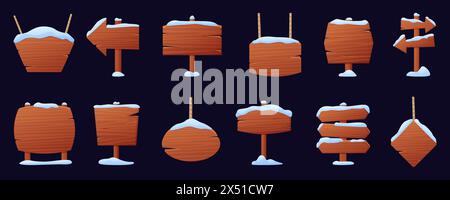 Bannières en bois d'hiver. Singboards enneigés en bois avec des calottes de neige et des glaçons. Panneaux de direction de dessin animé, panneaux d'affichage vides. Noël aujourd'hui éléments vectoriels Illustration de Vecteur
