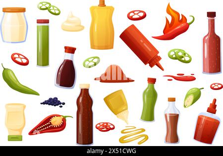 Eléments de sauces. Sauce épicée, piment chaud, soja et wasabi. Tranches de poivrons et poudre, gouttes de moutarde. Différentes bouteilles et épices, aujourd'hui vecteur Illustration de Vecteur