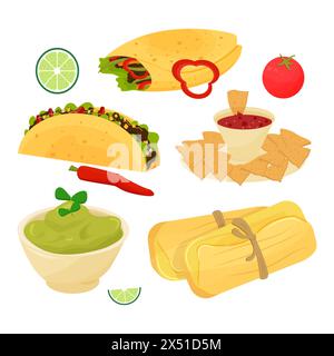 Ensemble de plats mexicains, taco alimentaire, burrito, guacamole, tamale, nachos décorés de citron vert, tomate, piment isolé sur fond blanc illustration vectorielle. Illustration de Vecteur