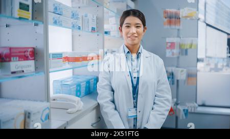 Pharmacie Drugstore : Portrait d'une belle pharmacienne asiatique portant un manteau de laboratoire blanc, regarde la caméra, sourires, derrière son comptoir de caisse, étagères avec des paquets de médicaments, produits de soins de santé Banque D'Images