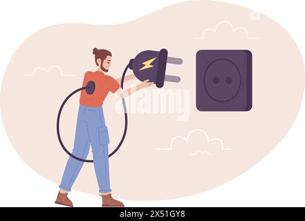 Recharge Man concept. Fiche électrique d'énergie de charge de travailleur fatigué avant ou après le travail, charge d'employé faible heureuse pleine vie de puissance d'énergiser l'efficacité illustration de vecteur d'affaires Illustration de Vecteur