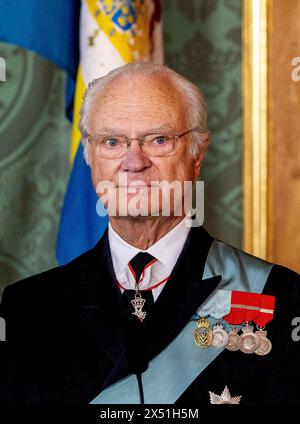 Stockholm, Schweden. 06 mai 2024. Le roi Carl Gustav de Suède au Palais Royal de Stockholm, le 6 mai 2024, le 1er d'une visite d'Etat de 2 jours du Danemark en Suède crédit : Albert Nieboer/Netherlands OUT/point de vue OUT/dpa/Alamy Live News Banque D'Images