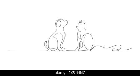Chien mignon et chat se regardant l'un l'autre, animaux de compagnie en ligne continue dessinés à la main objets vectoriels. Animaux mignons une ligne Illustration vectorielle Illustration de Vecteur