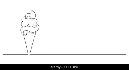 Crème glacée dans un cône de gaufre en une ligne. Symbole de crème glacée dessert pour la conception de menu et de carte de visite dans un style linéaire simple. Graphique vectoriel minimaliste Illustration de Vecteur