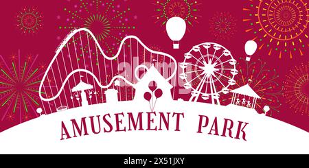 Cirque de parc d'attractions, carrousels, montagnes russes, silhouette d'attractions sur le feu d'artifice étincelle de rayons fond. Bannière horizontale de fête foraine de carnaval avec feu d'artifice sur le ciel rouge. Carte eps du festival de foire amusant Illustration de Vecteur