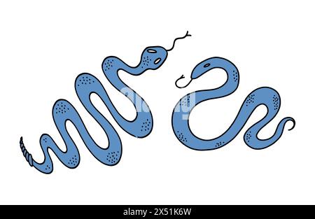 Silhouette de serpents bleu mystique. Serpent enroulé autour. Boho moderne éléments de conception dessinés à la main pour logo et branding. Illustration de Vecteur
