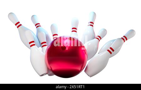 illustration 3d d'une boule de bowling rouge incandescente sur le point de frapper des épingles blanches. rendu 3d. Banque D'Images