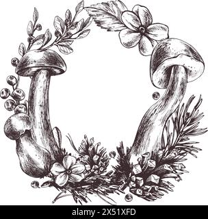 Champignons boletus sauvages comestibles avec bleuets et airelles, feuilles, sapin et cônes. Illustration graphique, dessinée à la main à l'encre brune, dessin au trait Illustration de Vecteur