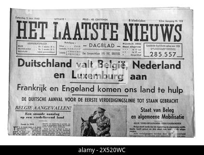 11 mai 1940 le journal flamand Het Laatste Nieuws annonce que l'Allemagne envahit la Belgique, les pays-Bas et le Luxembourg, déclenchant la seconde Guerre mondiale en Europe Banque D'Images