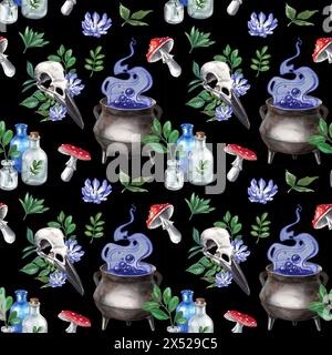 Modèle sans couture alchimie et magie. Aquarelle illustration dessinée à la main avec crâne, chaudron et champignons. Motif pour l'impression sur tissu sur le thème Banque D'Images