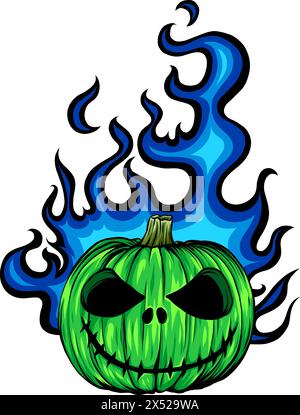 Dessin animé vecteur image d'une Halloween effrayante flamboyante Pumpkin Jack O Lantern Head avec l'expression hurlant Illustration de Vecteur