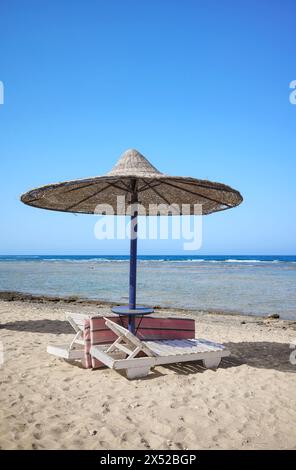 Belle plage de sable avec chaises longues et parasol, région de Marsa Alam, Egypte. Banque D'Images