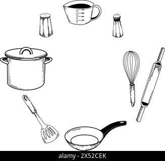 Ustensile de cuisine. Une casserole, des tasses à mesurer de cuisson, un fouet, un rouleau à pâtisserie, une poêle à frire, sel et poivre, tous les objets sont dessinés en vecteur en noir. Illustration de Vecteur