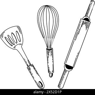 Ustensiles de cuisine. Rouleau à pâtisserie pour rouler la pâte, fouet pour fouetter, spatule pour cuisiner. Tous les objets sont dessinés en vecteur en noir. Illustration de Vecteur