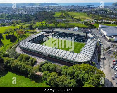 Vue aérienne générale du stade Home Park, domicile de l'équipe de championnat de la Ligue anglaise de football Plymouth Argyle, à Plymouth dans le Devon, Royaume-Uni. Banque D'Images