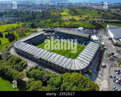 Vue aérienne générale du stade Home Park, domicile de l'équipe de championnat de la Ligue anglaise de football Plymouth Argyle, à Plymouth dans le Devon, Royaume-Uni. Banque D'Images