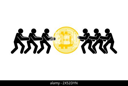 Les hommes d'affaires tirent Bitcoin. Les gens partagent la crypto-monnaie. Concept de profit financier Illustration de Vecteur