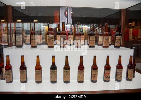 Coruña, Espagne ; juin,12,2023 ; une grande variété de saveurs de bière au MEGA Museum, bières aromatisées avec : châtaigne, miel, fraise, poulpe, barnac Banque D'Images