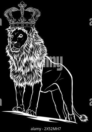 silhouette blanche de lion avec couronne sur fond balck. conception d'illustration vectorielle Illustration de Vecteur