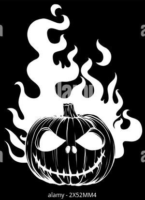 silhouette blanche de citrouille d'halloween avec des flammes sur fond noir. conception d'illustration vectorielle Illustration de Vecteur