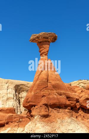 Hoodoo en toadstool en grès blanc et rouge à Kanab Utah montrant des flèches fortement érodées et une roche plus dure équilibrée sur le dessus encadrée par un ciel bleu. Banque D'Images