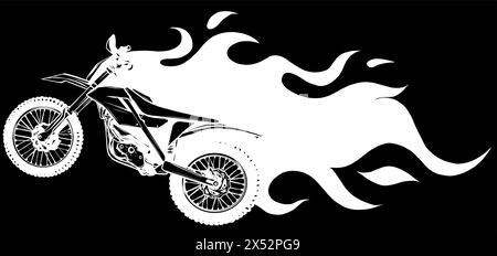 Silhouette blanche de Motocross Mid Air Flames illustration vectorielle sur fond noir Illustration de Vecteur