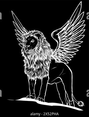 Silhouette blanche de Winged Lion sur la conception de vecteur de fond noir Illustration de Vecteur