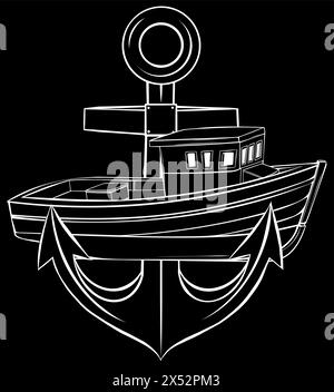 silhouette blanche de bateau de pêche avec ancre sur fond noir Illustration de Vecteur